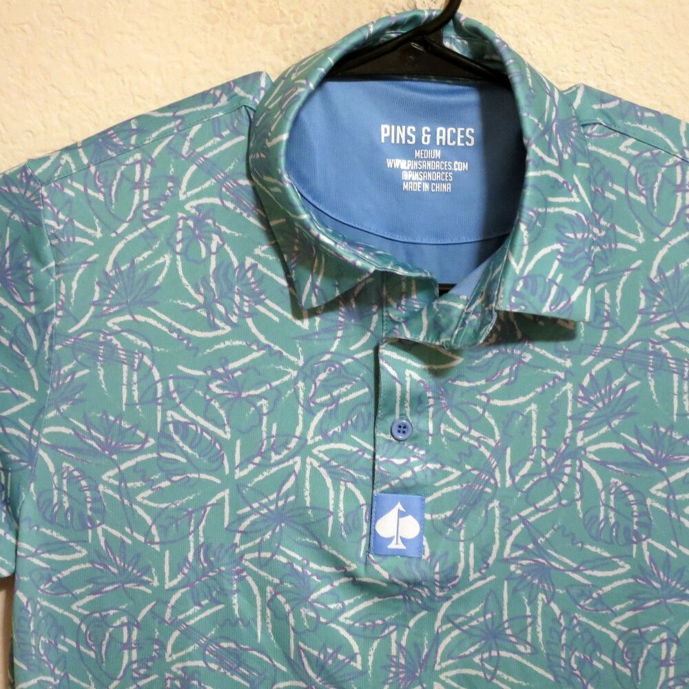 Pins and Aces Shirt Mens Medium Short Sleeve Golf Performance Polo Green White